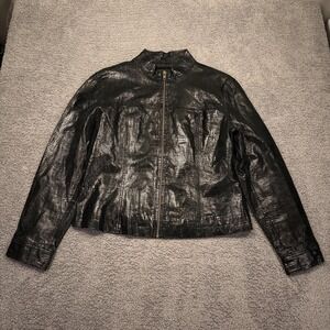 Rafaella Y2K Leather‎ Jacket Womens 10 Black Crocodile Embossed Zip Moto Biker